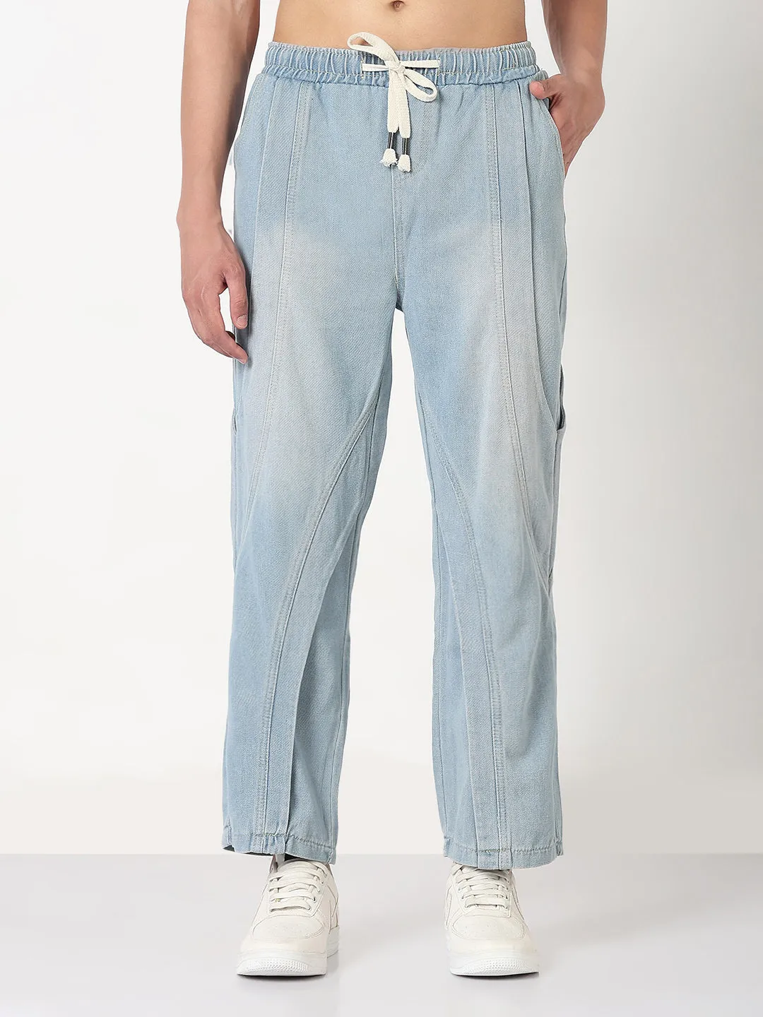 Men's Blue Washed Straight Fit Drawstring Jeans Tear Resistant Denim