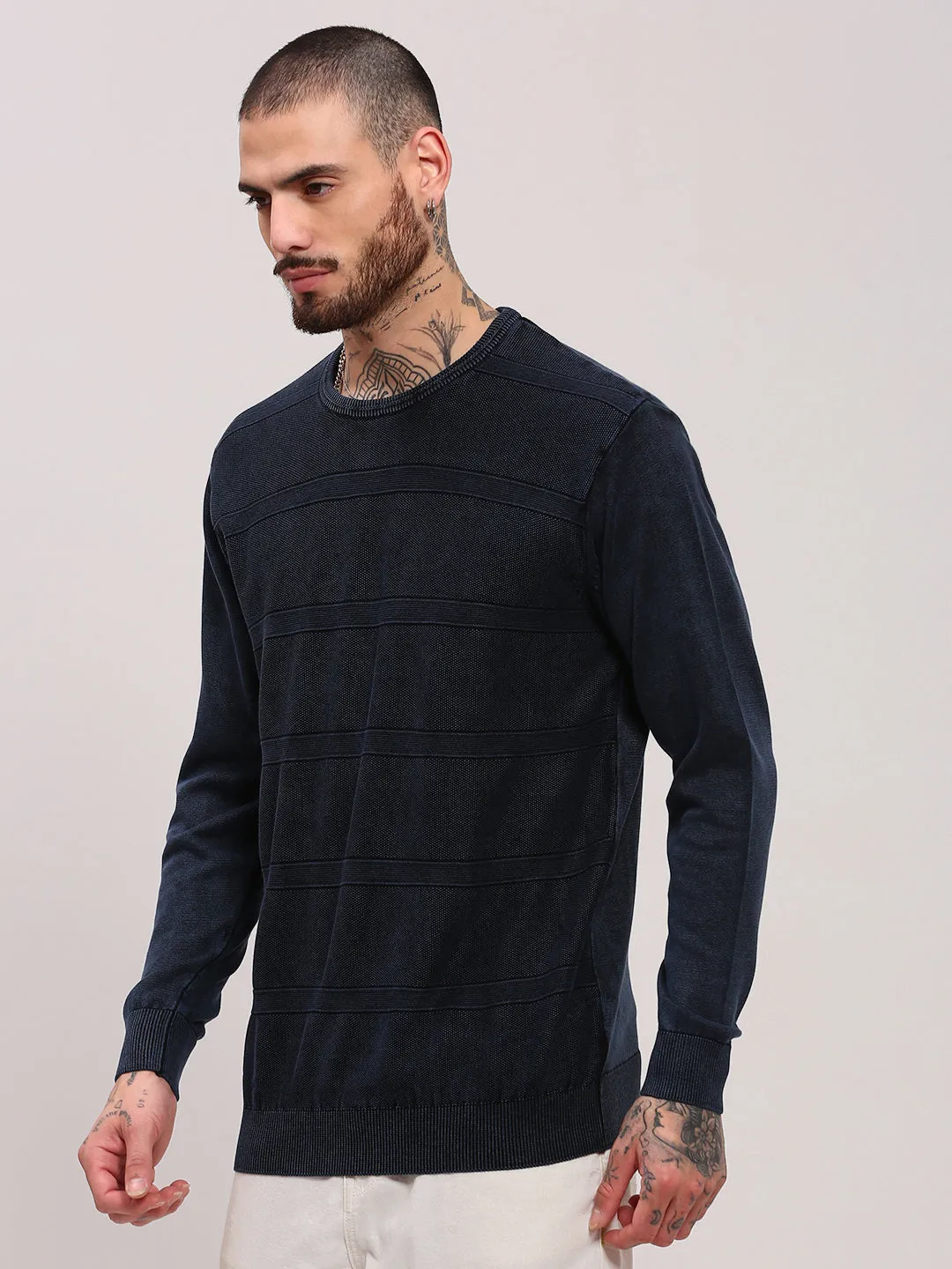 HighElasticity Yarn Men's Navy Blue Solid Sweater