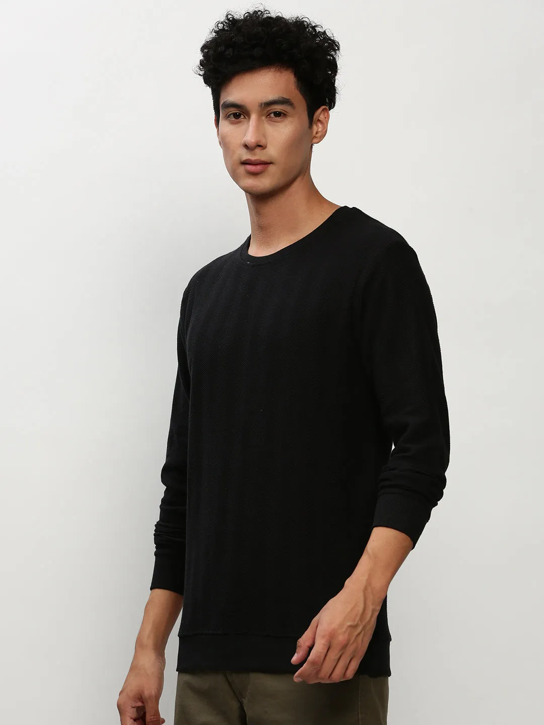 Relaxed Essentials Comfy Outfit Men's Black Round Neck Long Sleeves Cotton Pullover