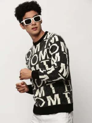 Timeless Feel Men's Black Typography Self Design Acrylic Pullover