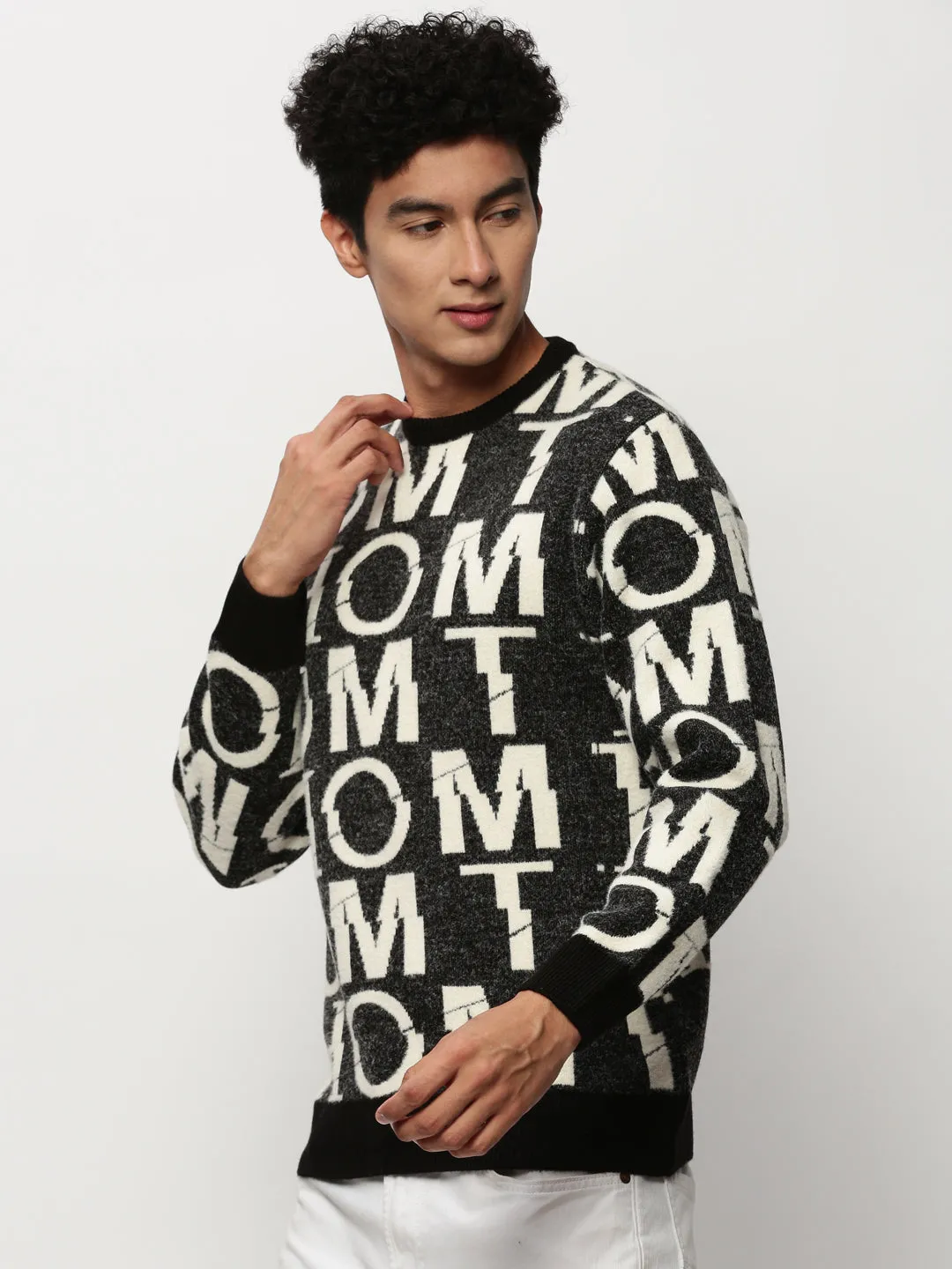 Men's Black Typography Self Design Acrylic Pullover LanolinFree Wool Processing Lattice Pattern