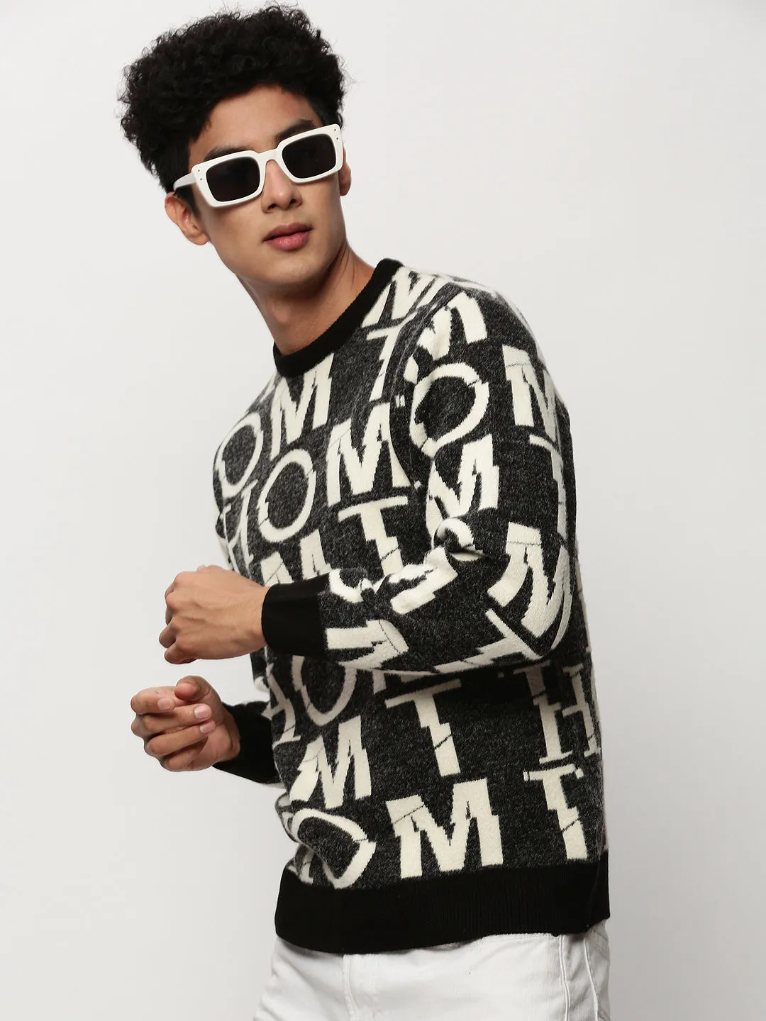 Timeless Feel Men's Black Typography Self Design Acrylic Pullover