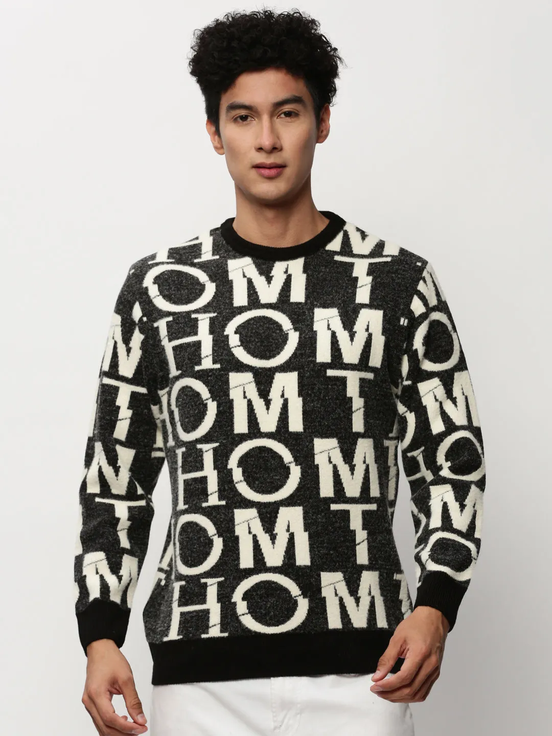 DenseKnit Fabric Men's Black Typography Self Design Acrylic Pullover