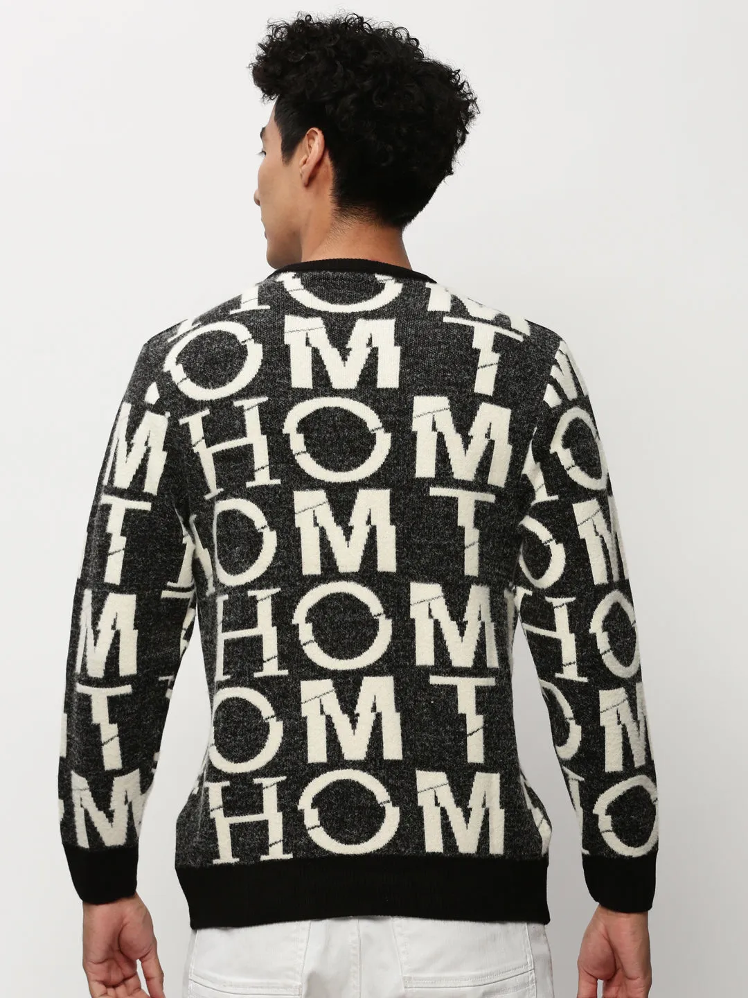 Men's Black Typography Self Design Acrylic Pullover Compression Fit ZeroWaste Manufacturing