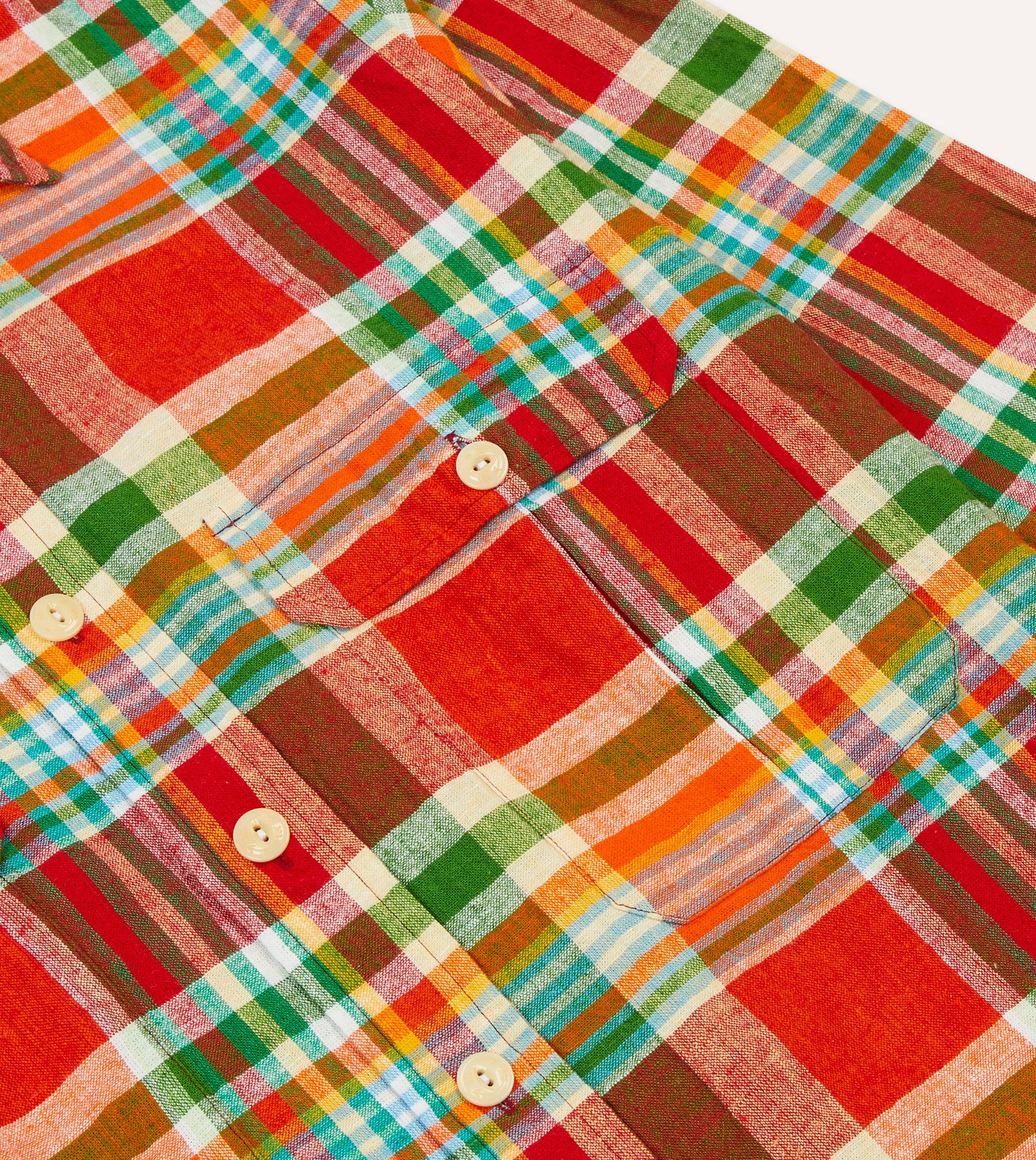 men's clothing All-Weather Wear Red and Green Madras Check Cotton-Linen Two-Pocket Work Shirt