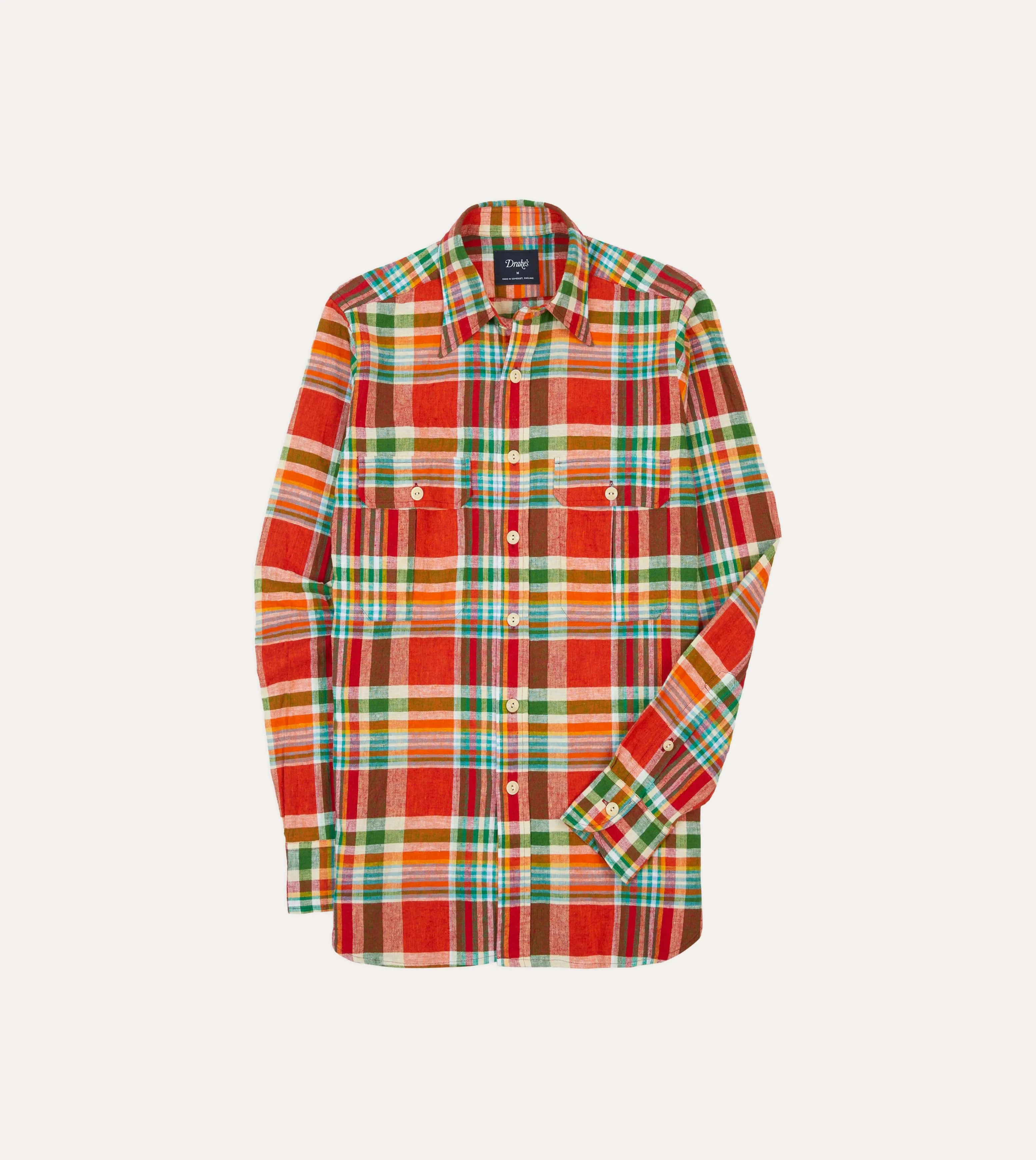 Cool and casual Red and Green Madras Check Cotton-Linen Two-Pocket Work Shirt