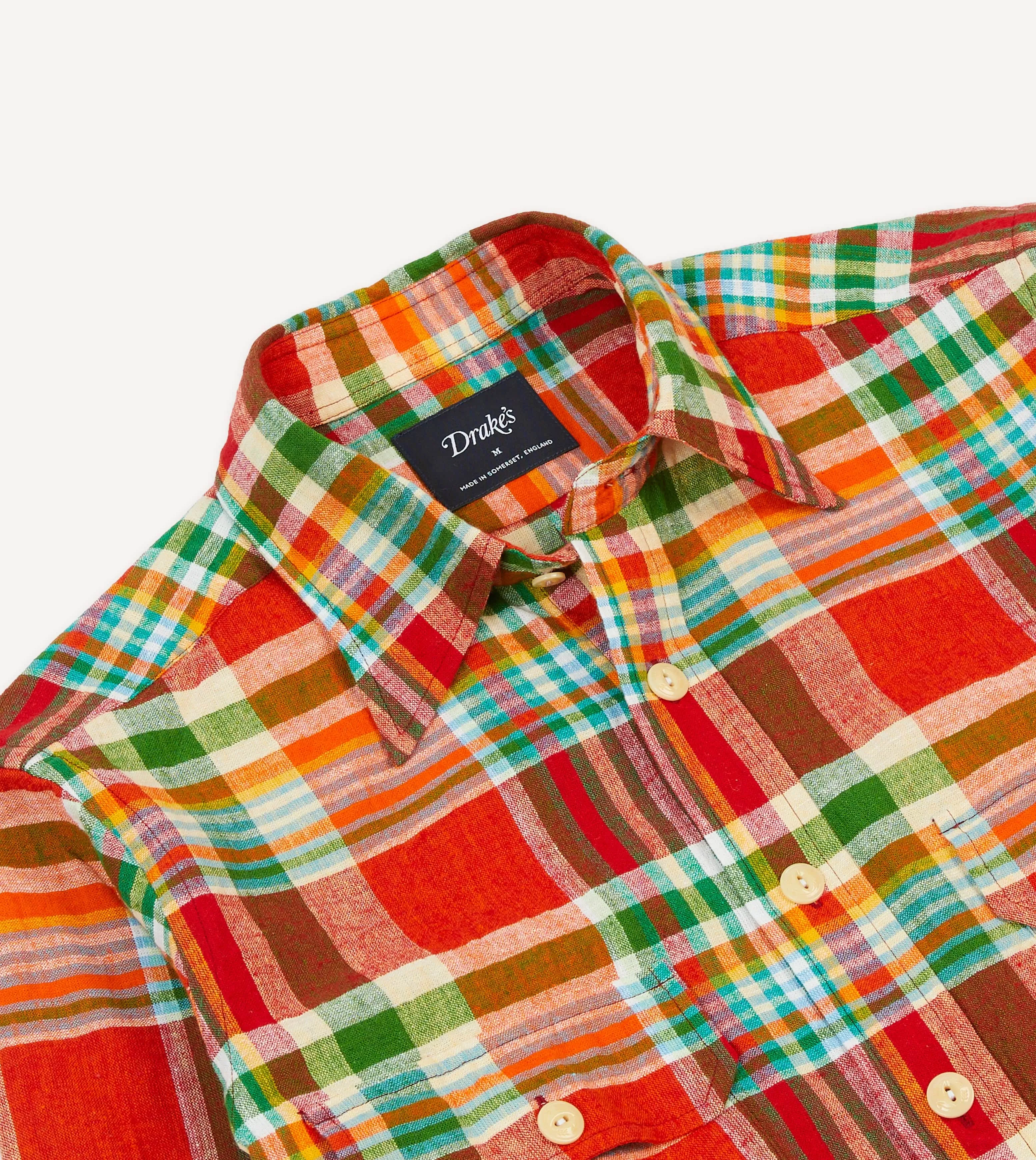 StretchComfortWeave Trendy All-Day Red and Green Madras Check Cotton-Linen Two-Pocket Work Shirt