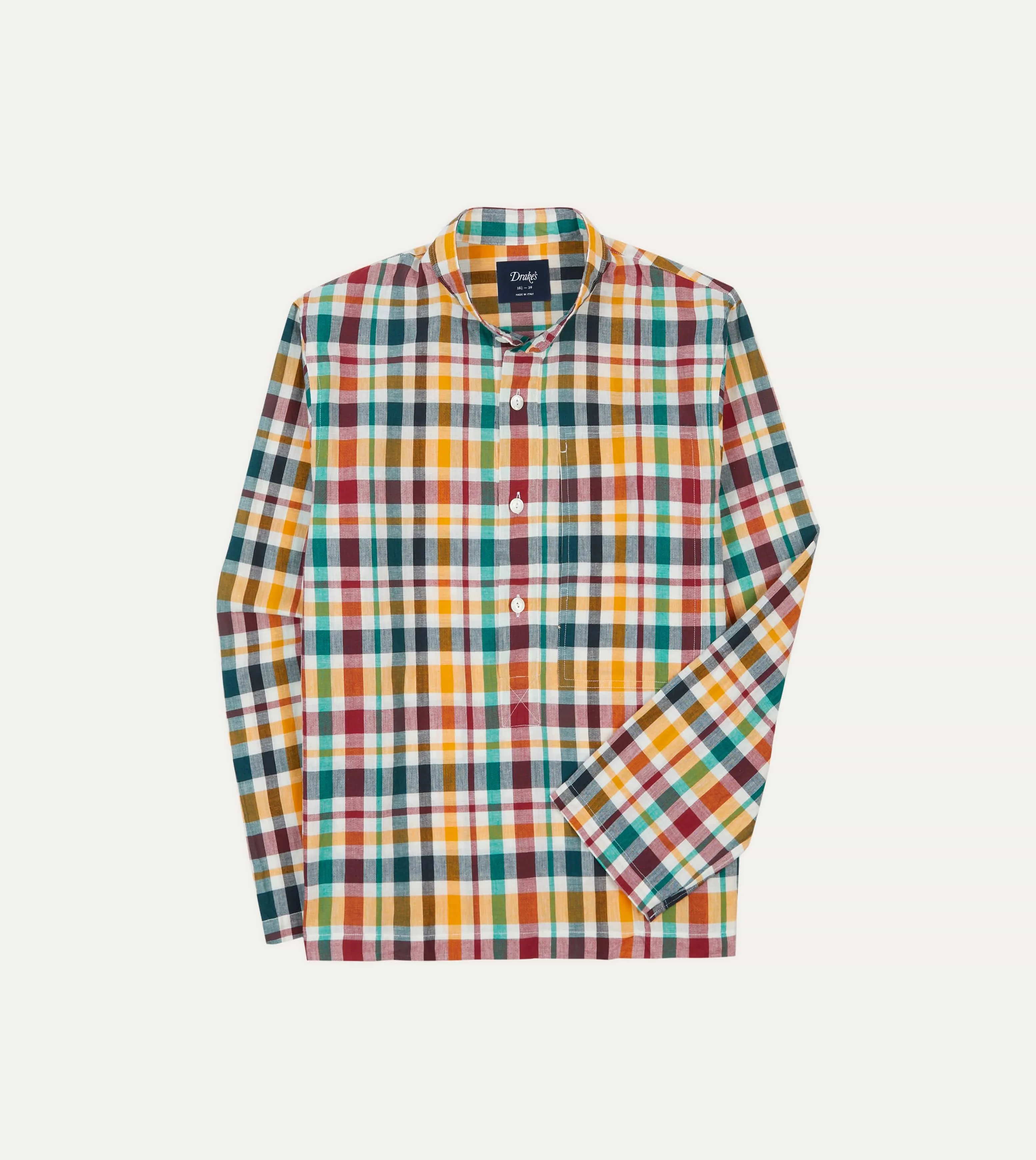 Classic Comfort Comfortable and Chic Red, Blue and Green Madras Check Cotton Mandarin Collar Popover Shirt
