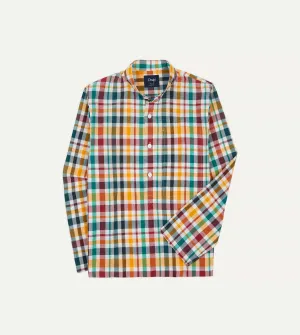 Classic Comfort Comfortable and Chic Red, Blue and Green Madras Check Cotton Mandarin Collar Popover Shirt