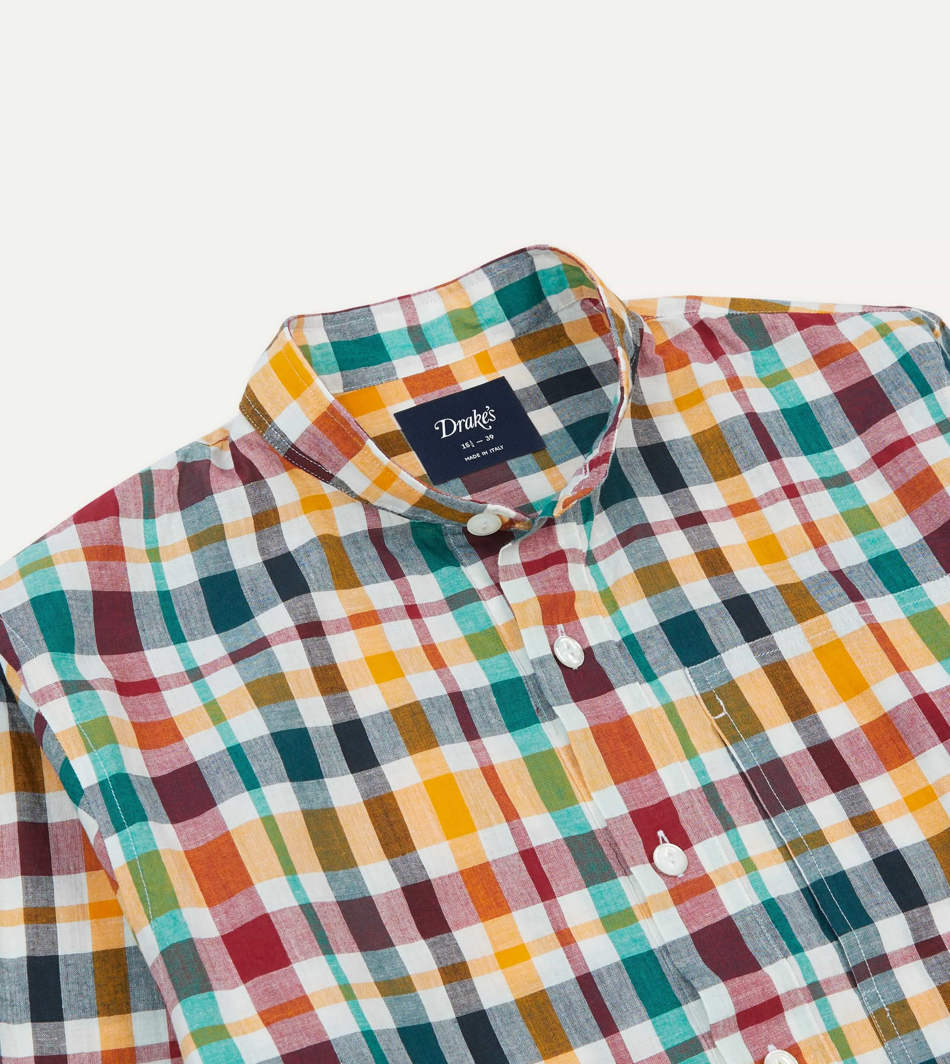 Red, Blue and Green Madras Check Cotton Mandarin Collar Popover Shirt Simple Wear TearResistant Fabric