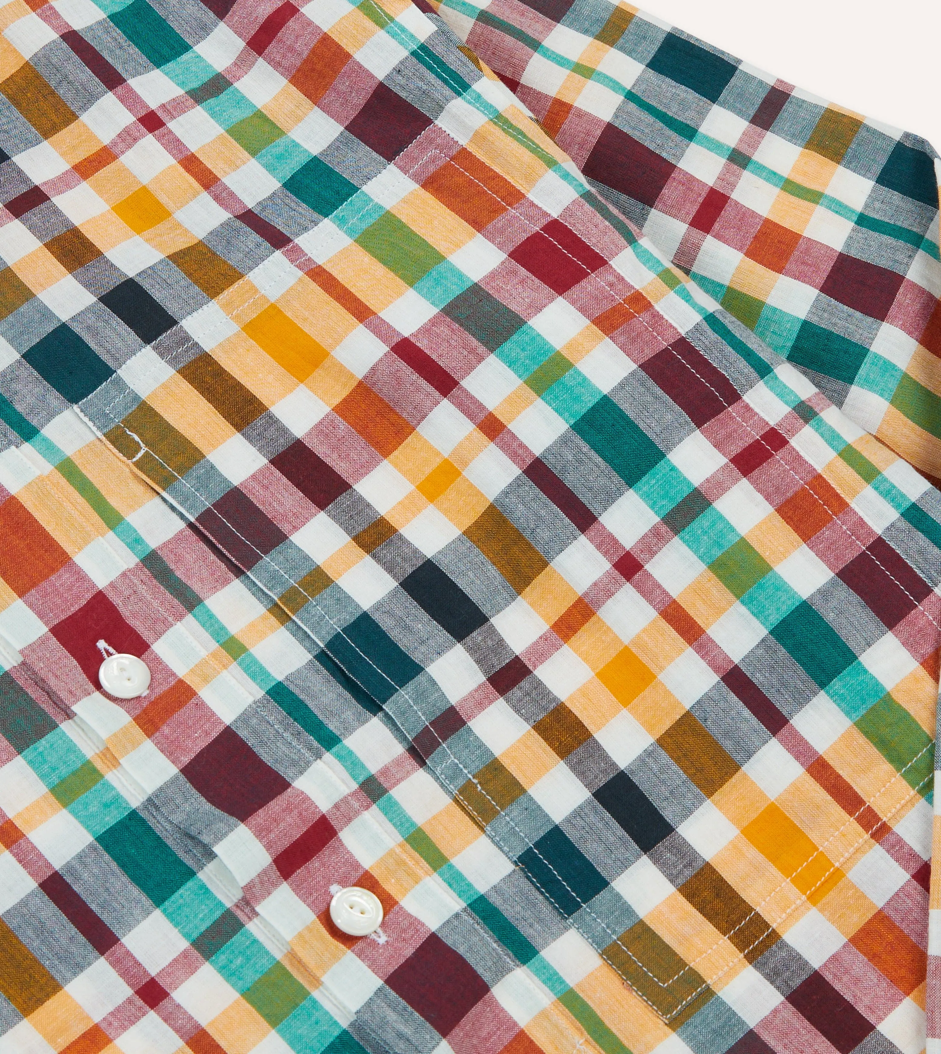 Red, Blue and Green Madras Check Cotton Mandarin Collar Popover Shirt Stylish Design