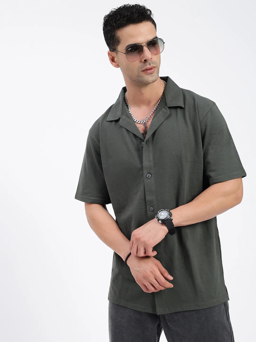 Men's Solid Green Relaxed Fit Casual Shirt Cotton Glow