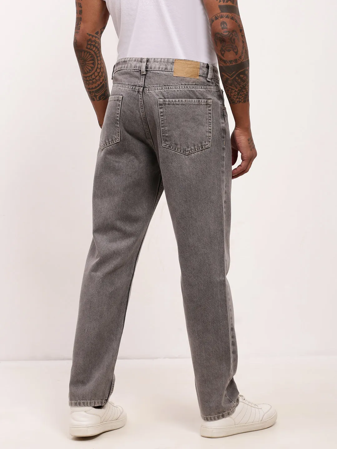 Breathable Travel Outfit Brunch Outfit Tailored Waistband Men's Grey Solid Straight Fit Light Fade Jeans