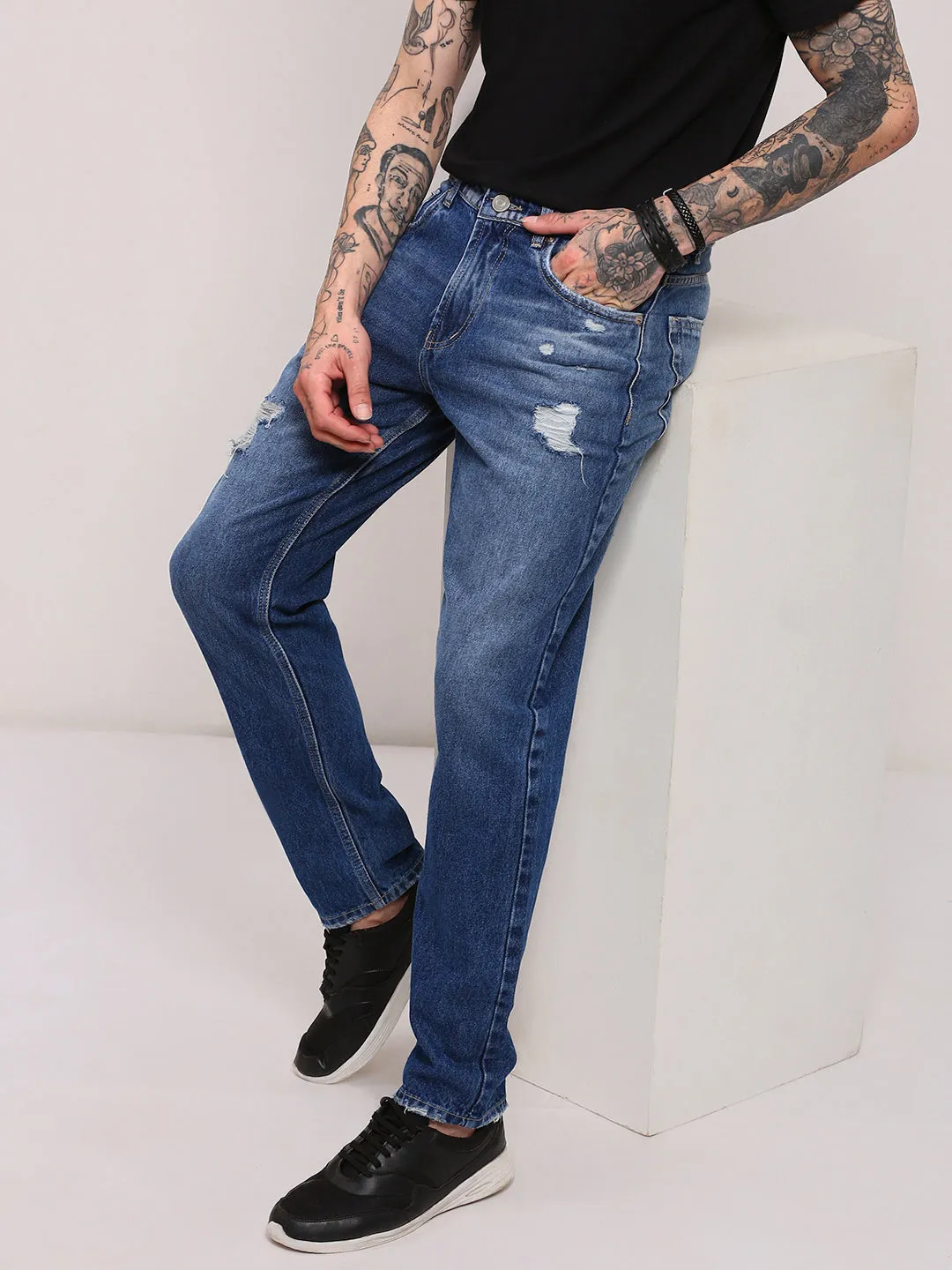 Men's Blue Distressed Dark Wash Straight Fit Jeans Family Style Urban Explorer Youth Style