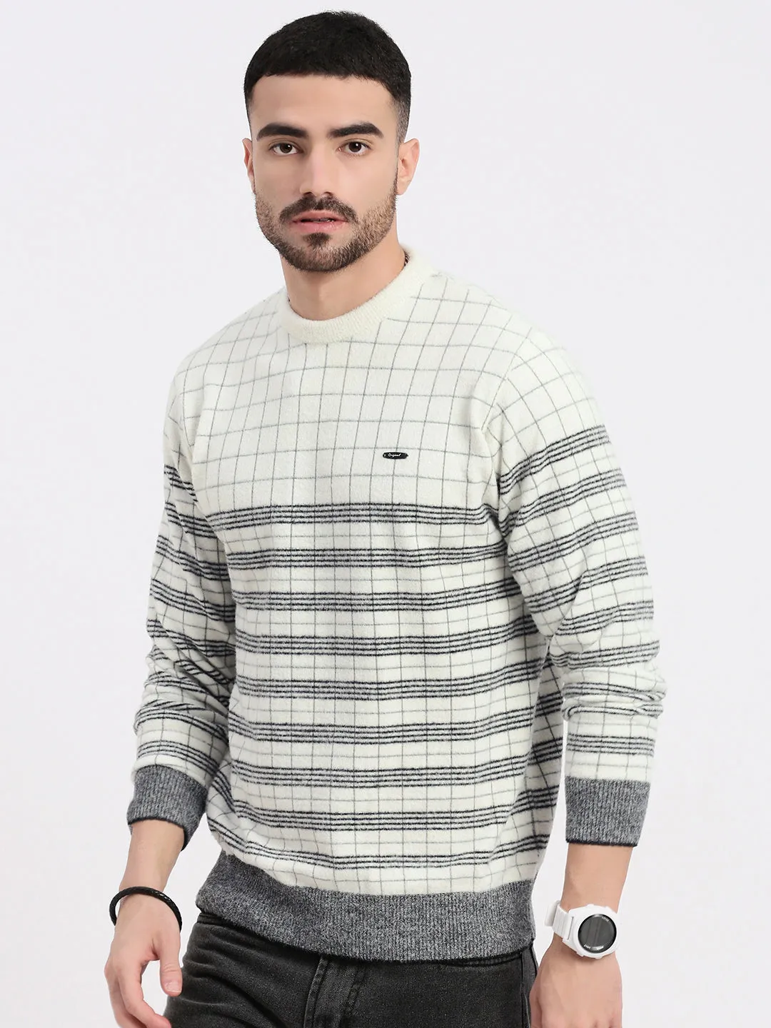 machine washable material Men's White Printed Pullover