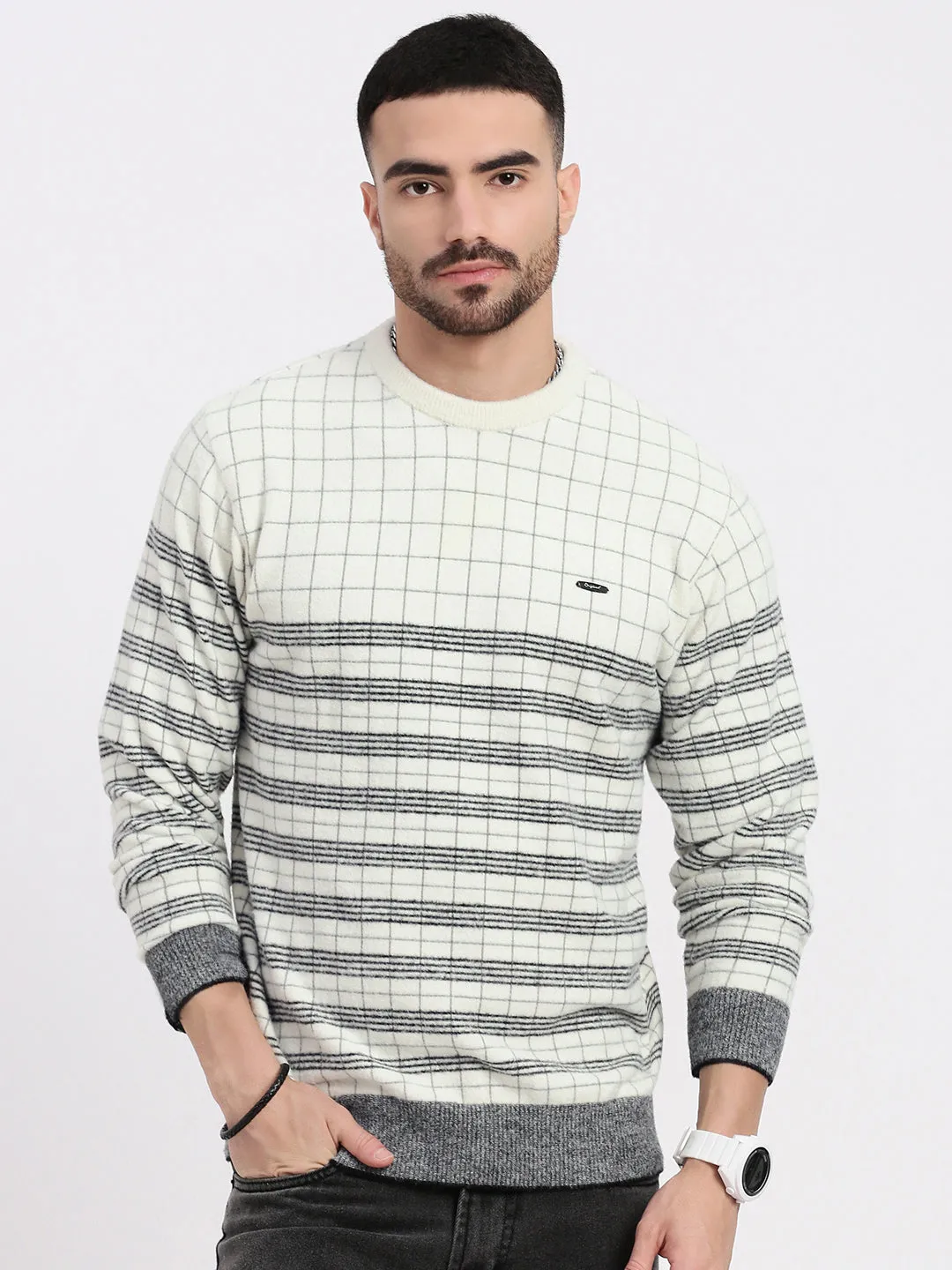 Men's White Printed Pullover Luxe Layer Workday Fit