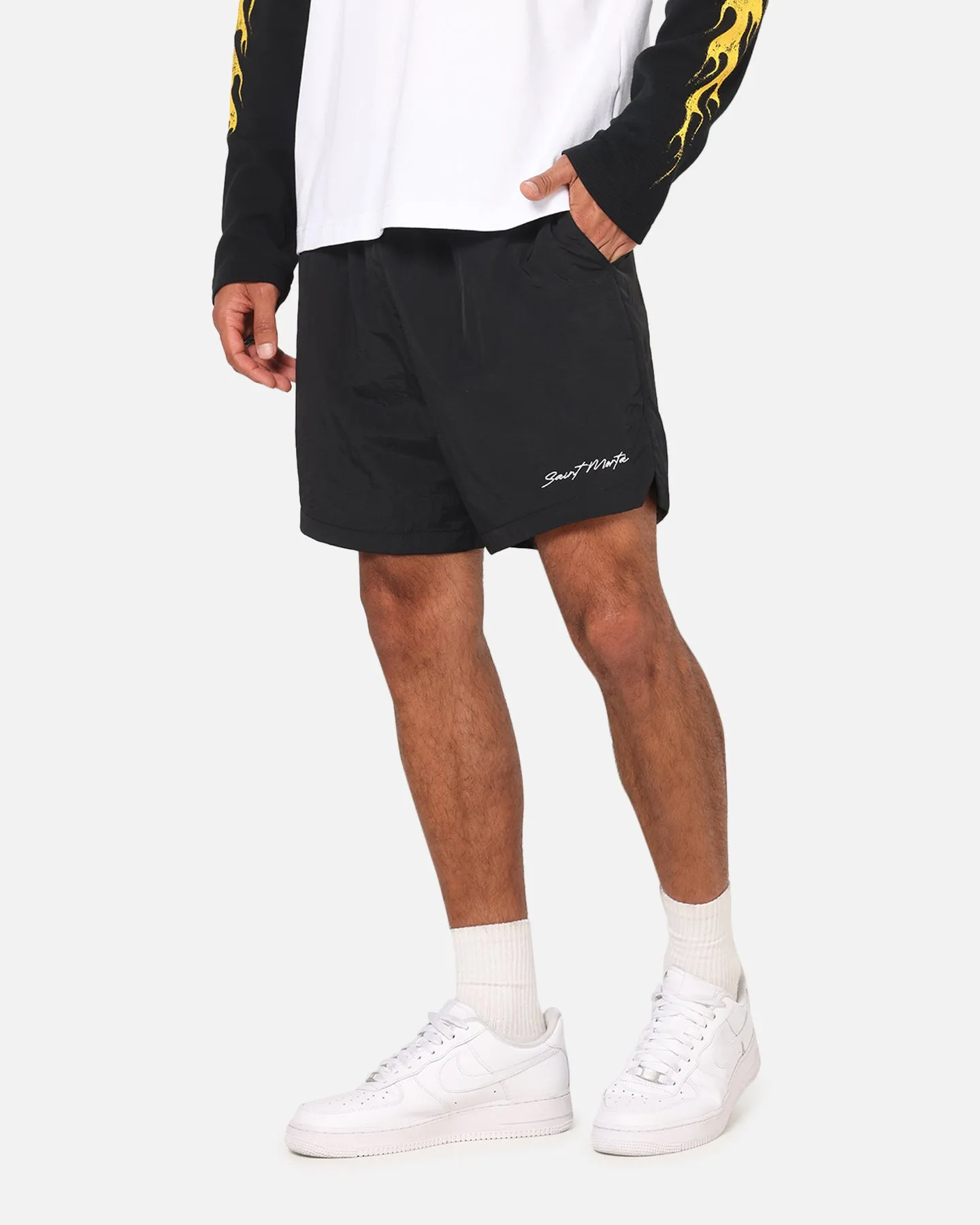 Saint Morta Scription Nylon Shorts Black Flex Foam Insert Casual Fit Design