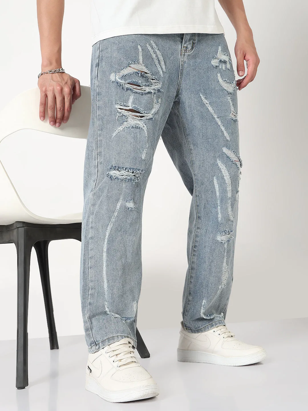 Men's Blue Distressed Straight Fit Jeans Traveler Gear Stretch Creative Look Modern Earthy