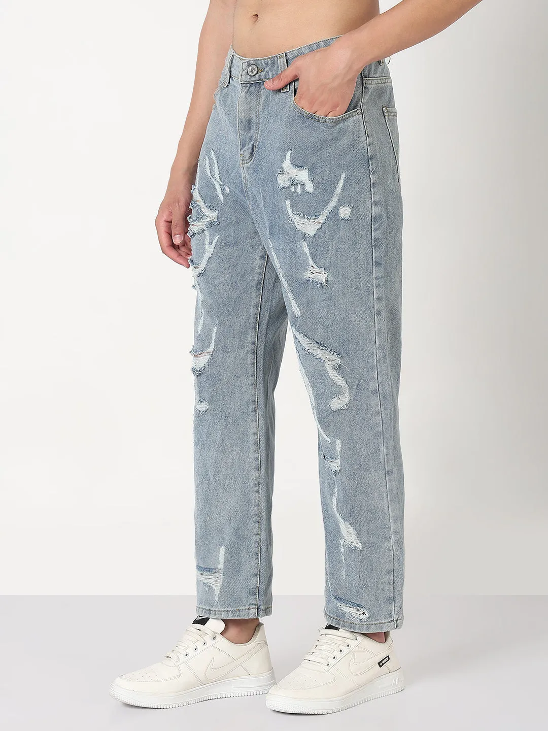 Men's Blue Distressed Straight Fit Jeans Breathable Brunch Outfit