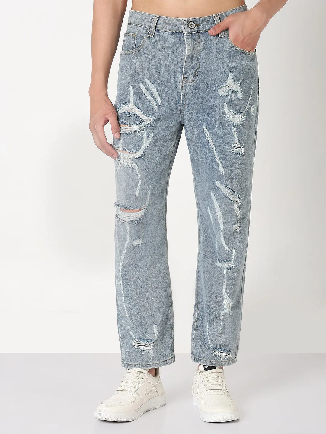 Men's Blue Distressed Straight Fit Jeans Casual Morning Stroll