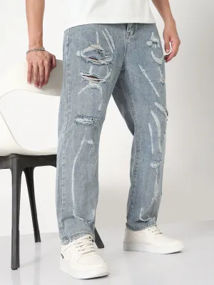 Men's Blue Distressed Straight Fit Jeans Traveler Gear Stretch Creative Look Modern Earthy