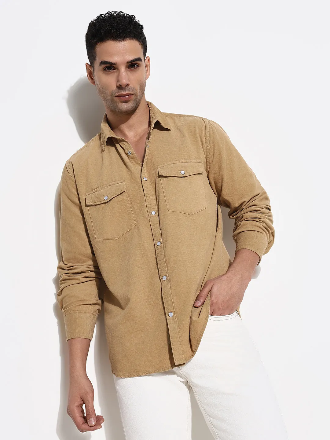 CompressionKnit Men's Khaki Solid Slim Fit Shirt