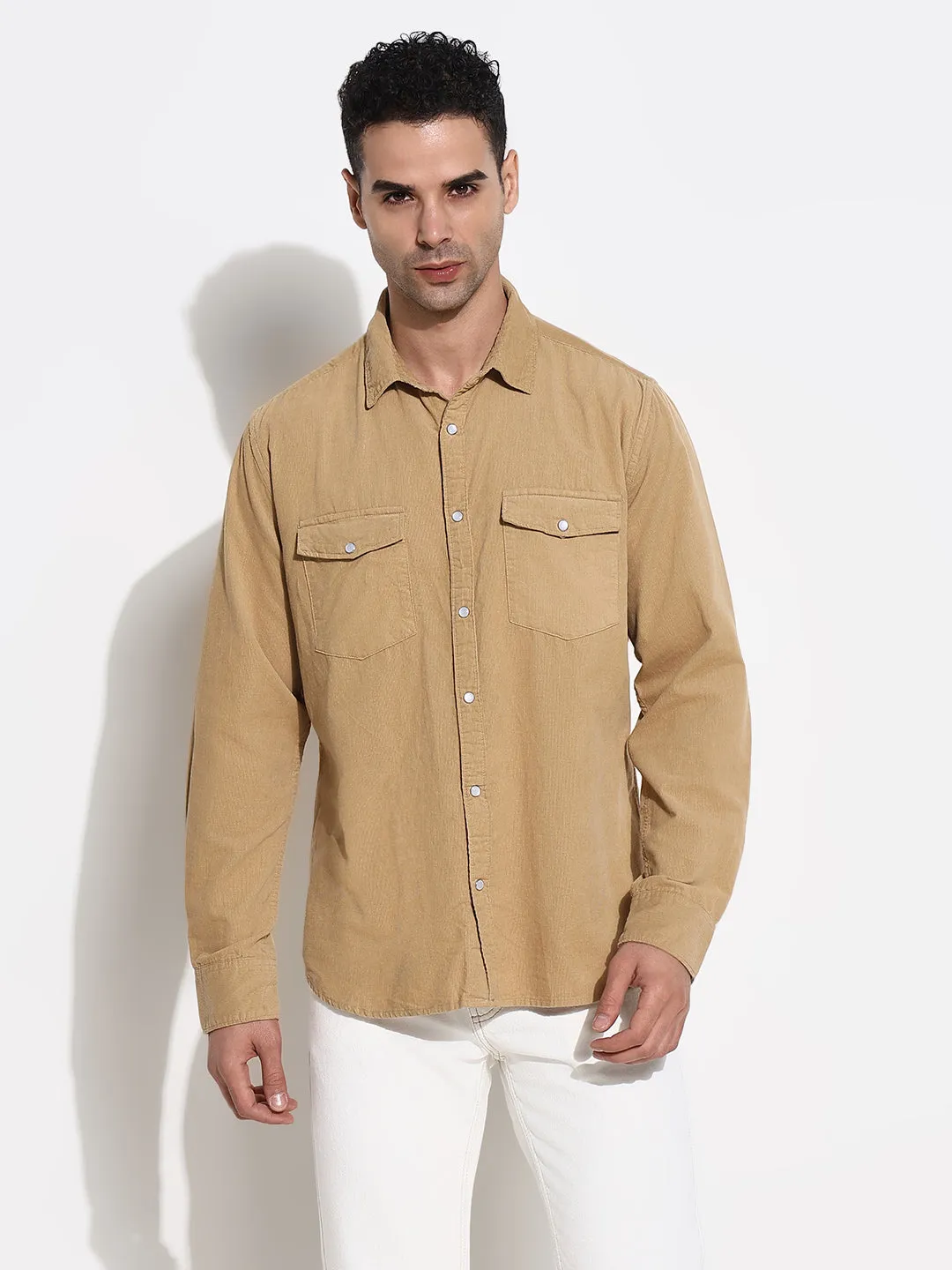 Timeless Fashion LowBulkFabric Men's Khaki Solid Slim Fit Shirt