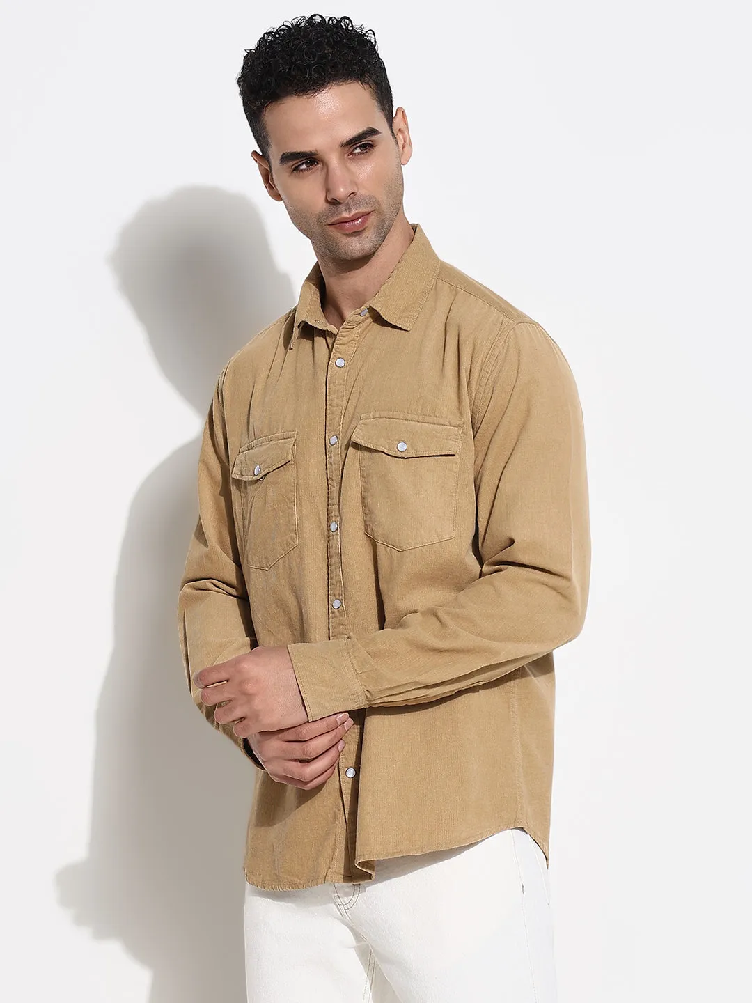 Shape Hug Model Glow Men's Khaki Solid Slim Fit Shirt