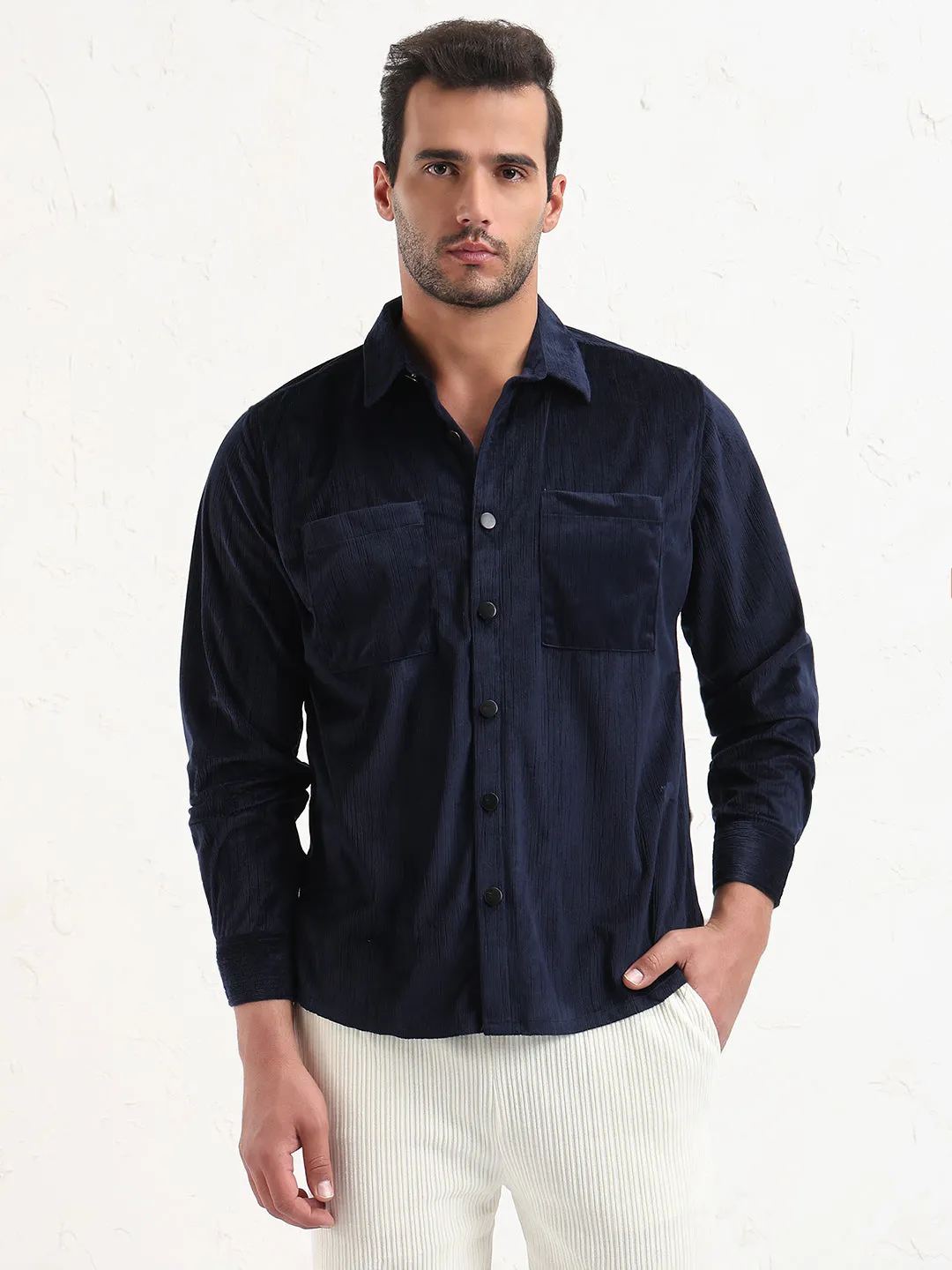 Men's Navy Blue Solid Slim Fit Shirt Nordic Light