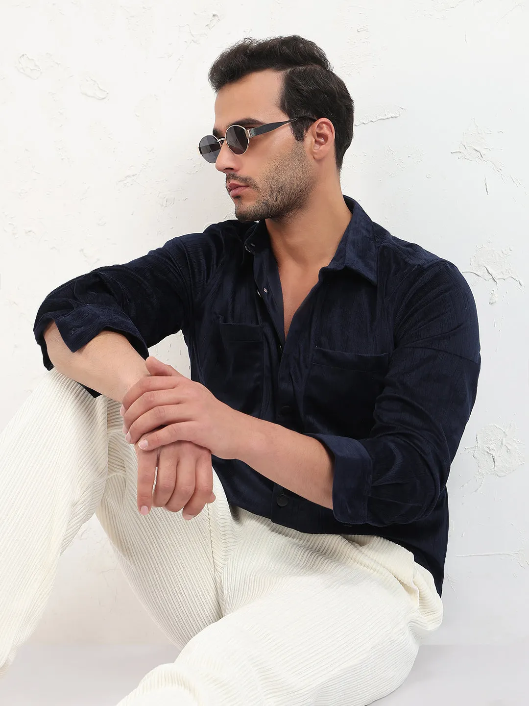 Fur Fit Men's Navy Blue Solid Slim Fit Shirt