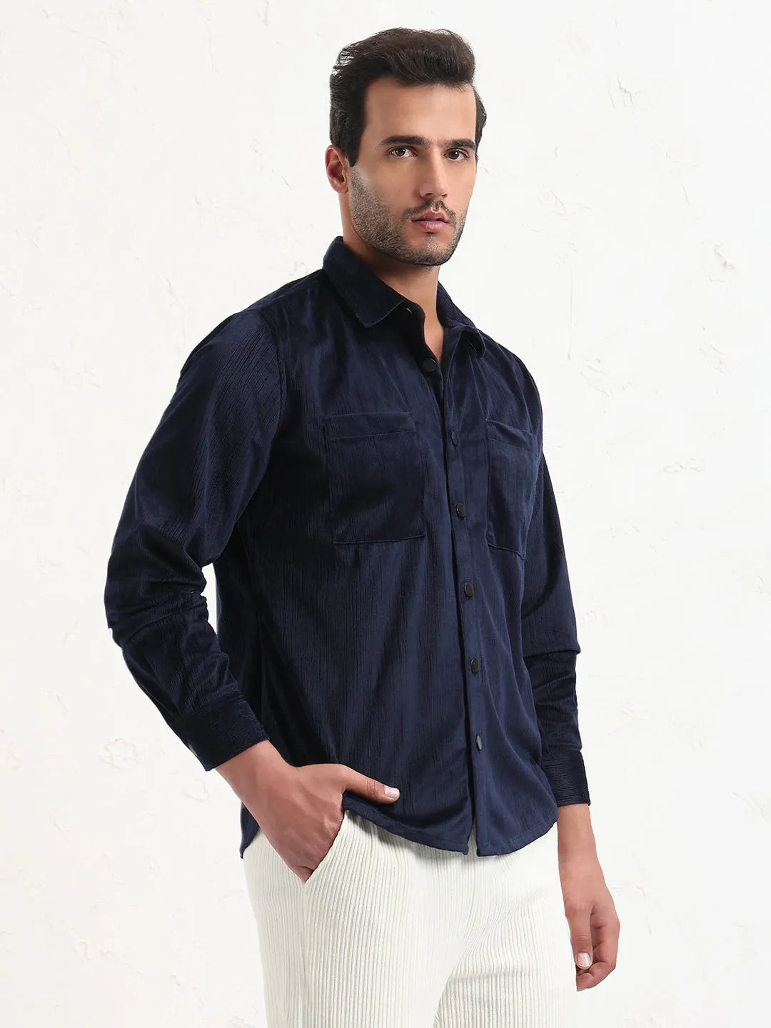 Light Layer SmoothEdging Men's Navy Blue Solid Slim Fit Shirt