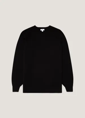 Ribbed Collar Detail Men's Lambswool Crew Neck Jumper in Black