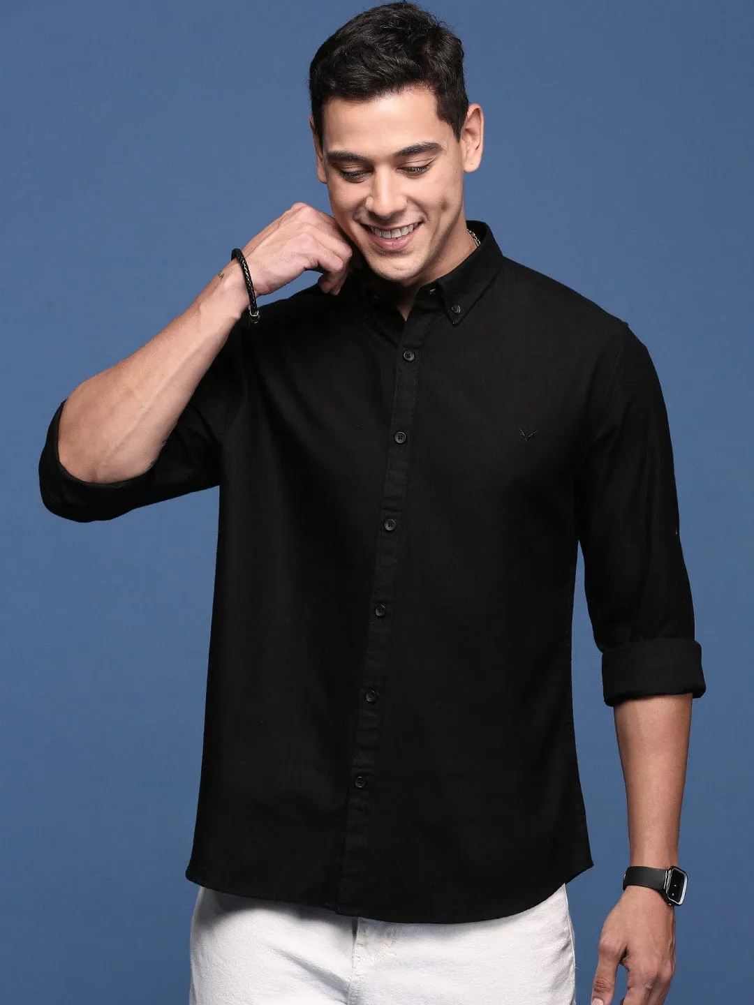 sporty wear Men's Black Solid Cotton Standard Slim Fit Casual Shirt