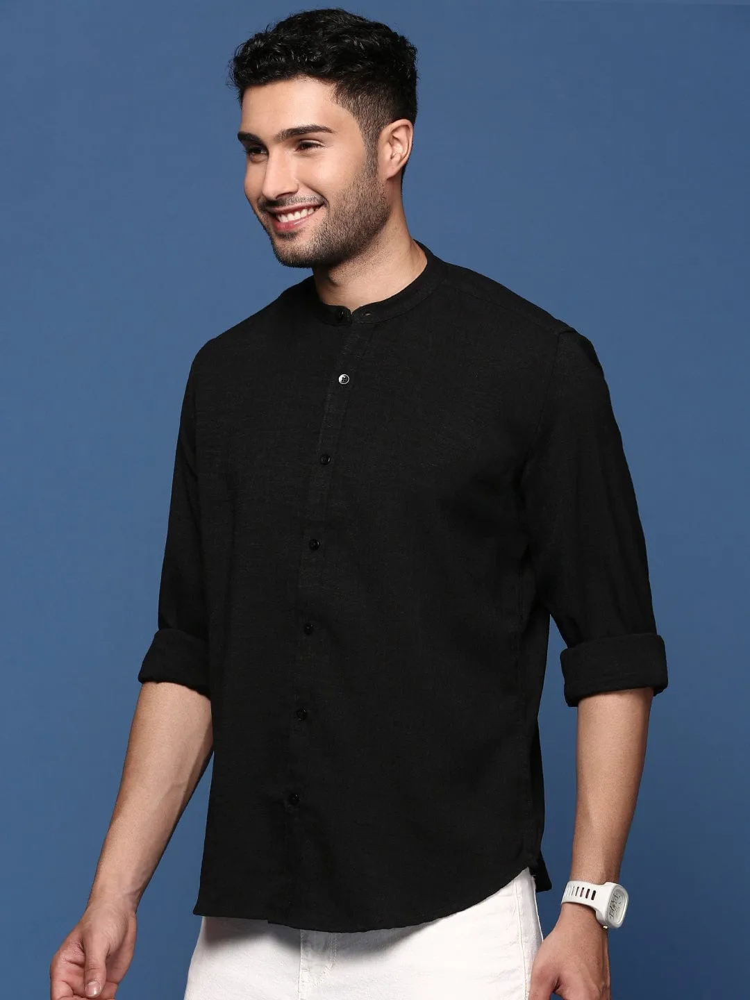 Men's Mandarin Collar Solid Black Slim Fit Shirt Active Wear Light Fit
