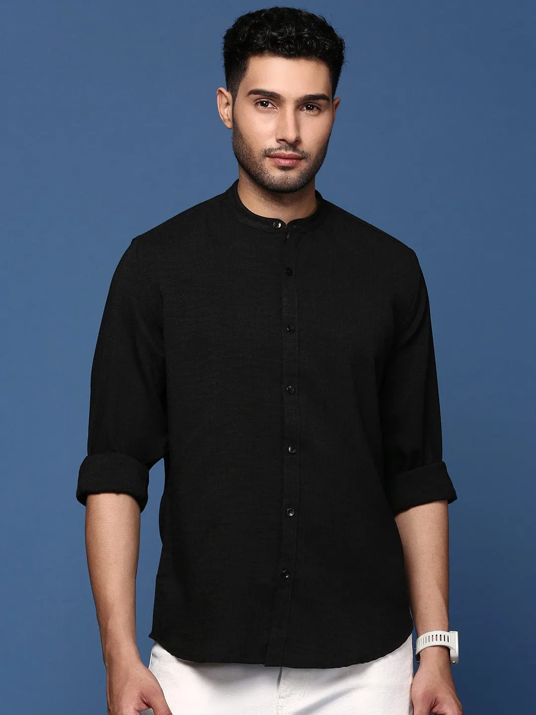 Men's Mandarin Collar Solid Black Slim Fit Shirt Clear Tone Breathable Lamination