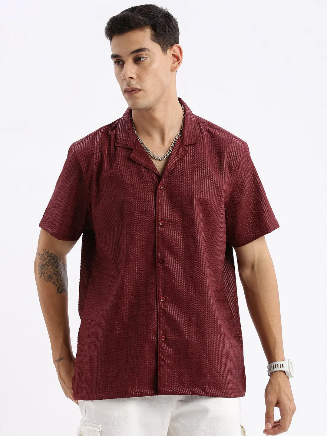 Men's Cuban Collar Solid Relaxed Fit Maroon Shirt Versatile Dress Rain Proof