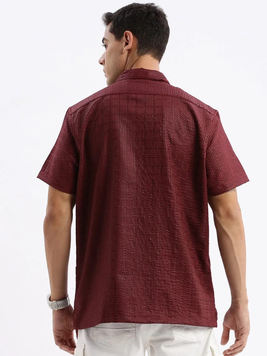 Casual Trousers Lounge Gear Men's Cuban Collar Solid Relaxed Fit Maroon Shirt