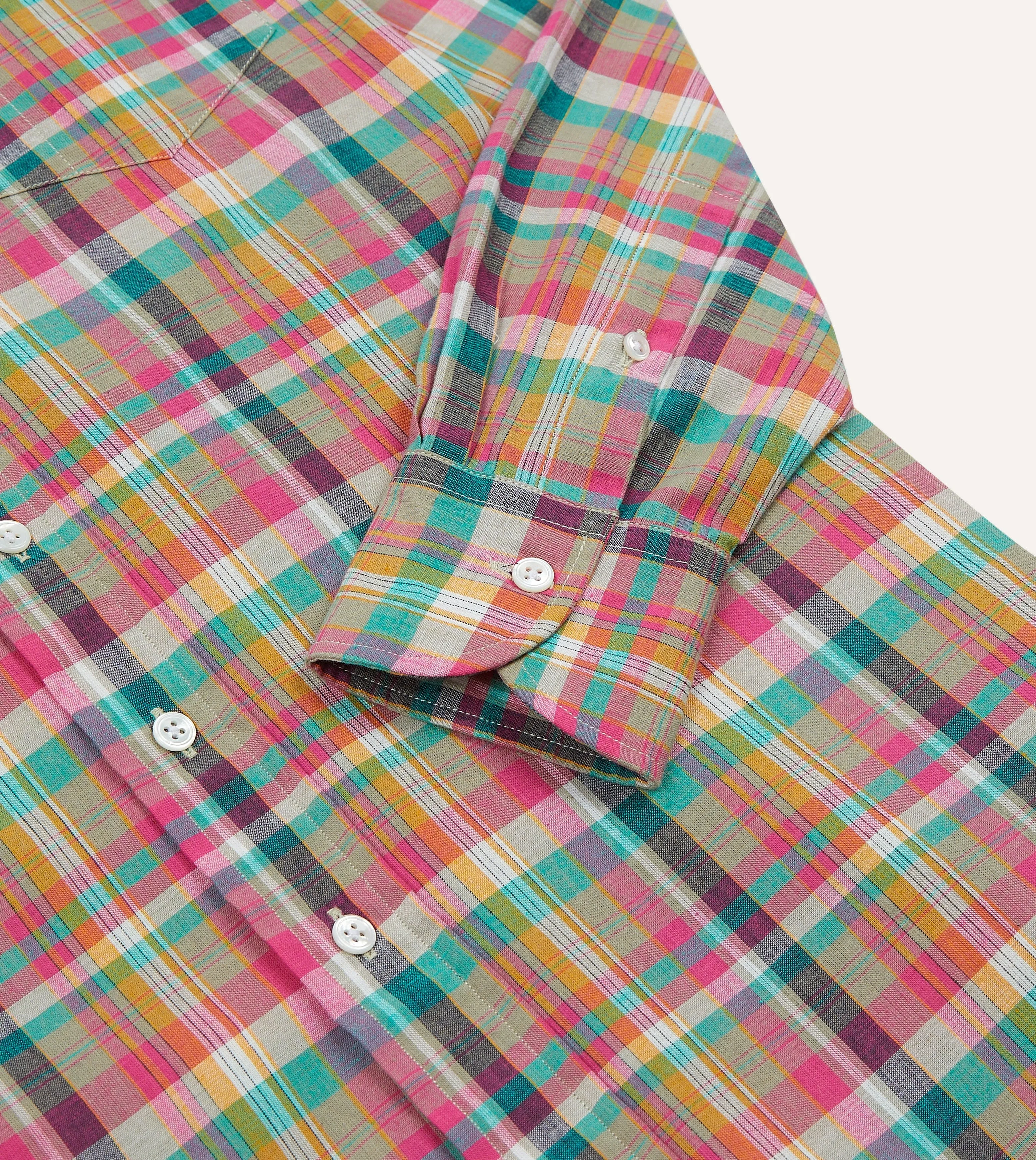 Layer Ready Sleek Comfort Fit Pink and Green Madras Check Cotton Button-Down Shirt