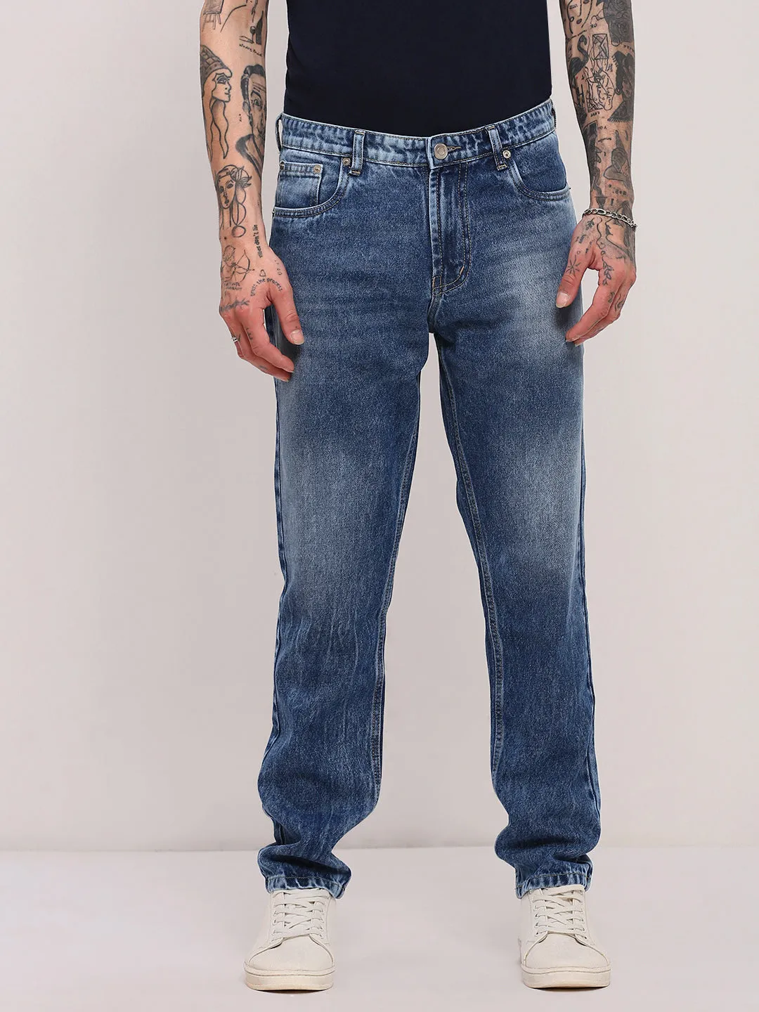 Men's Blue Vintage Mid-Wash Relaxed Fit Jeans Stone Wash Finish