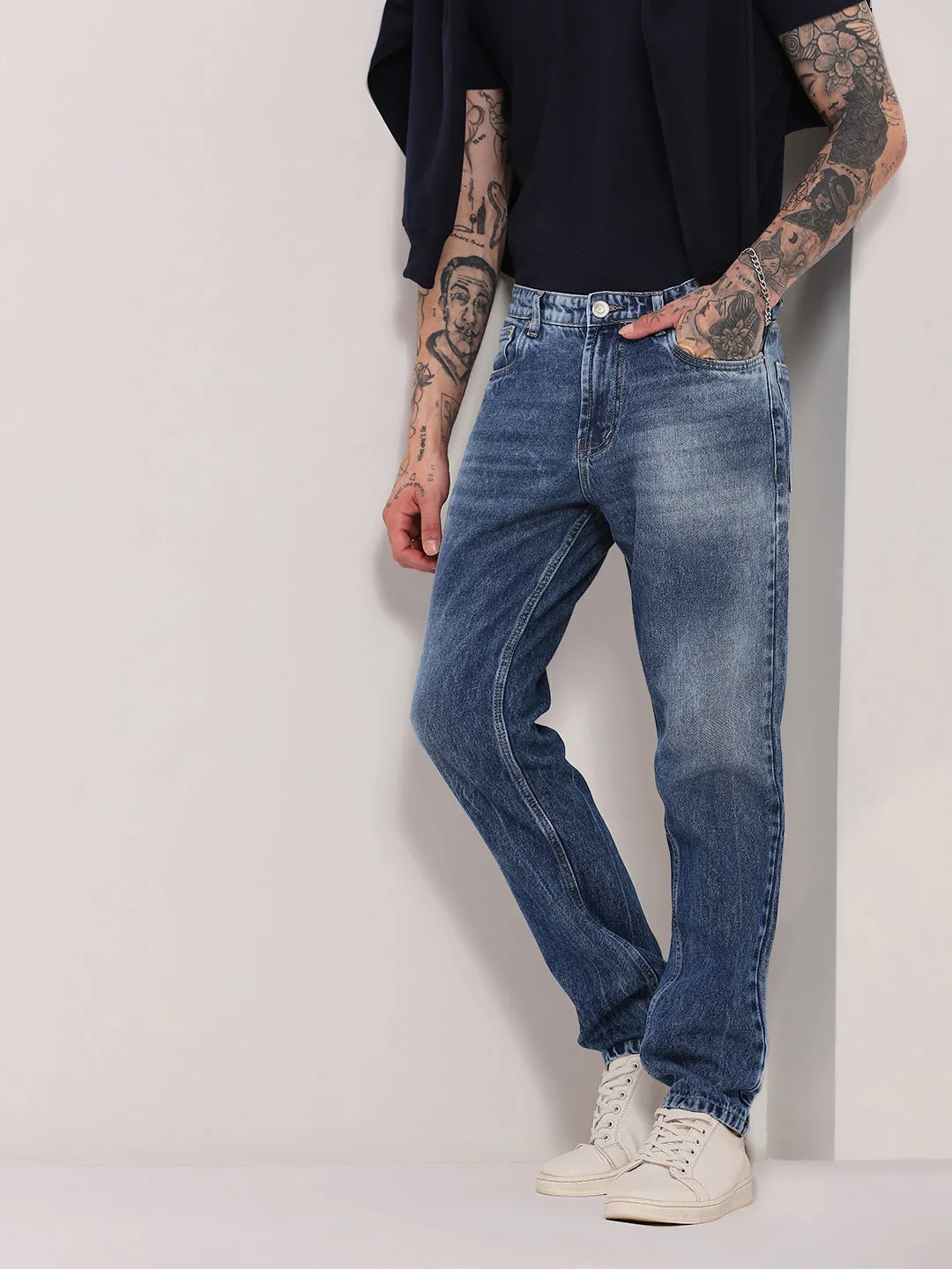 Men's Blue Vintage Mid-Wash Relaxed Fit Jeans Daily Style Anti Odor Fabric Treatment