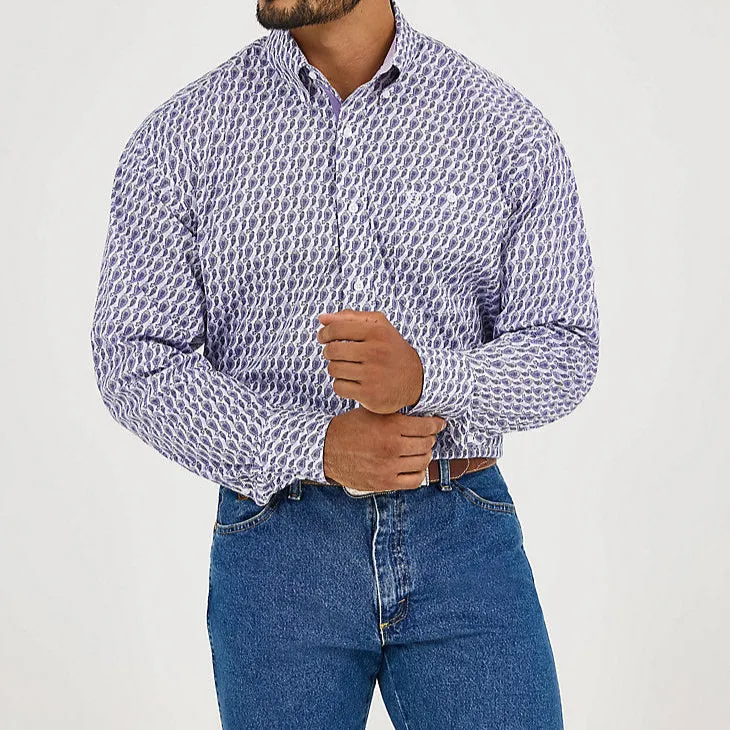 Trendy Layering Wrangler Men's L/S George Strait Button Down Shirt in Amethyst Fin (Available in Tall Sizes)