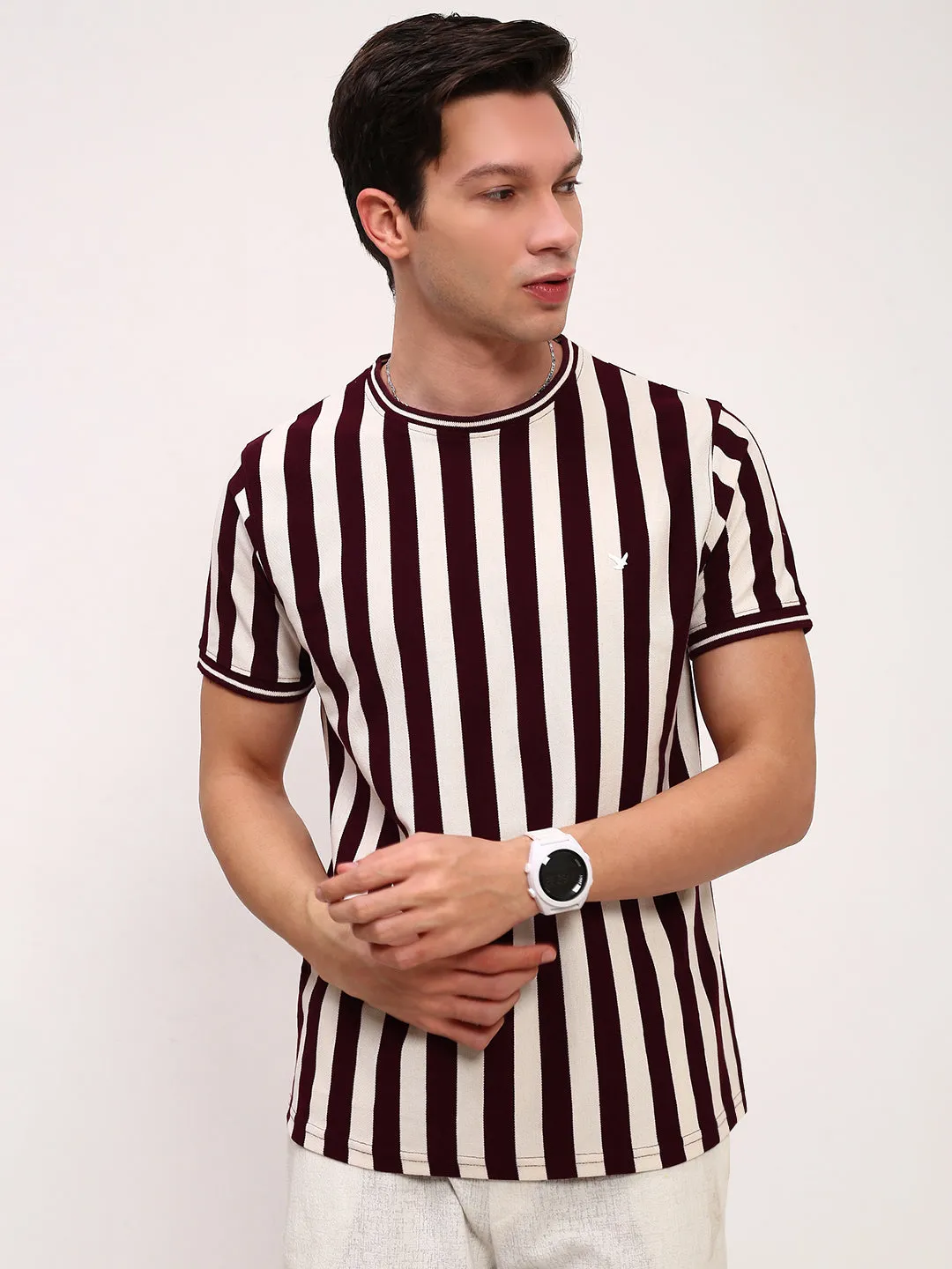 Men's Burgundy Striped Round Neck T-Shirt Weekend Wear Travel Companion