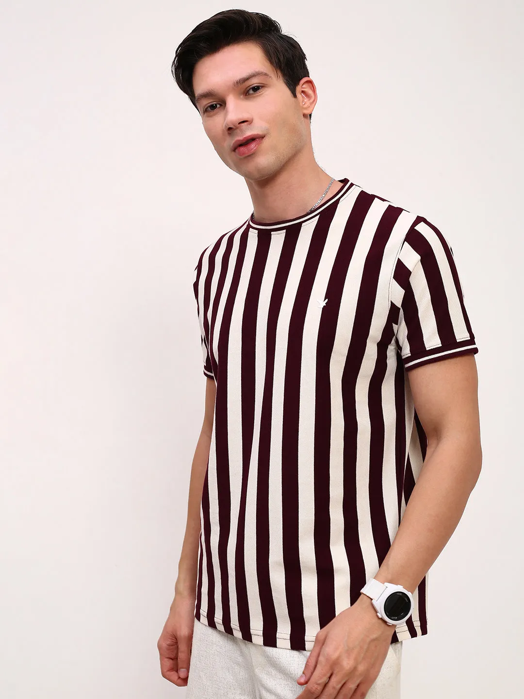 product duck cloth ruggedness Men's Burgundy Striped Round Neck T-Shirt