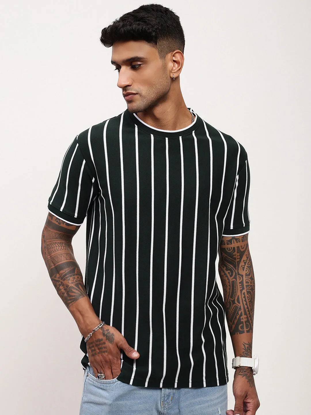 Men's Green Striped Round Neck Cotton T-Shirt Poolside Relax