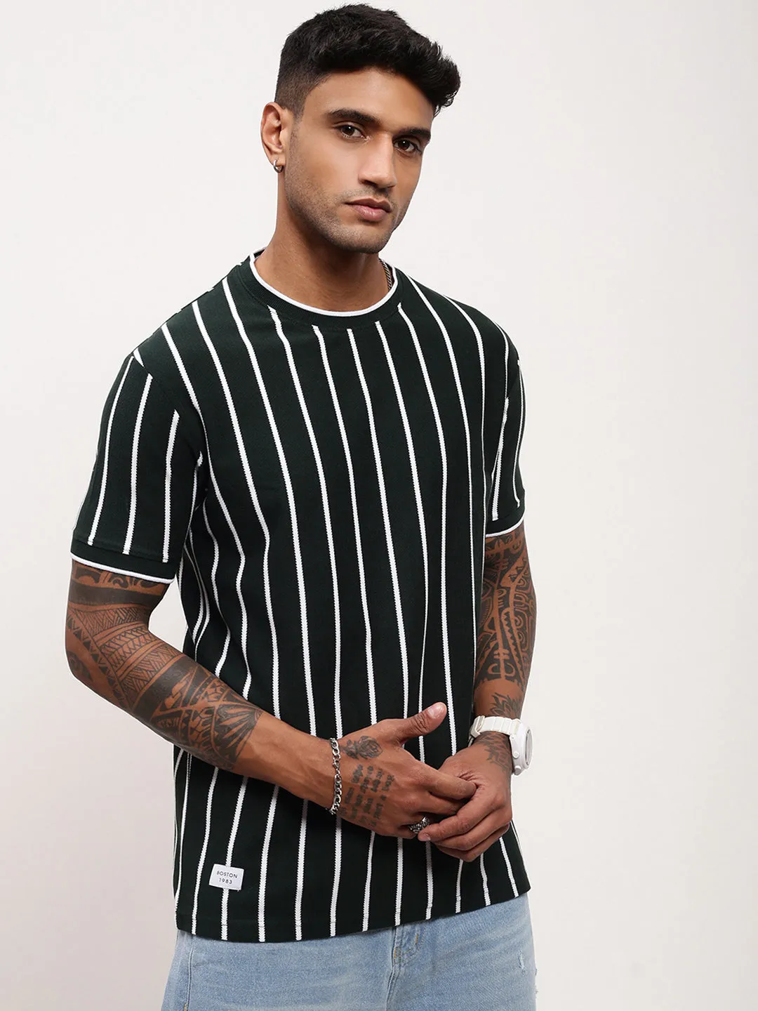 Men's Green Striped Round Neck Cotton T-Shirt Urban Trend Velvet