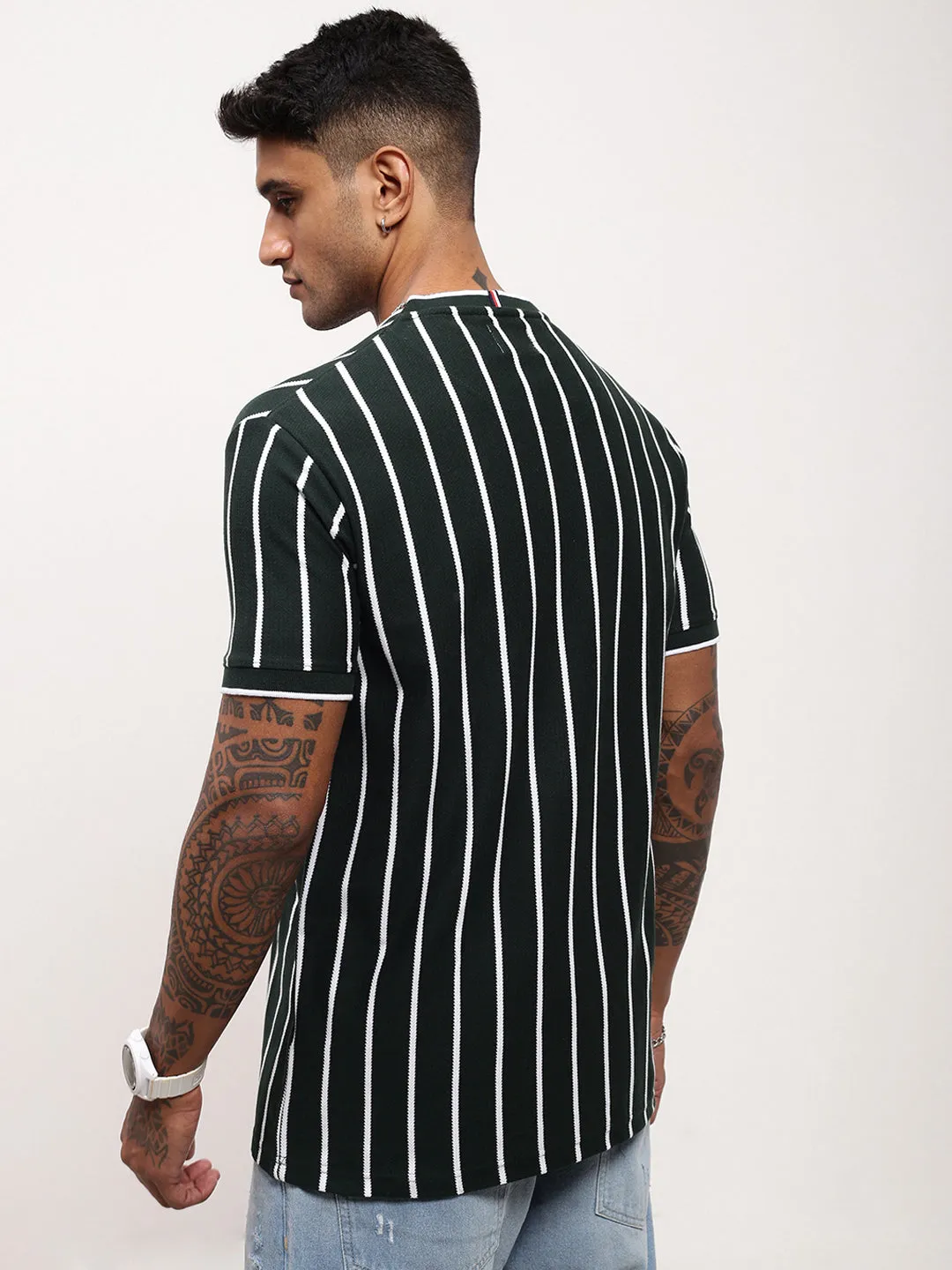 Men's Green Striped Round Neck Cotton T-Shirt pattern trend ethnic print