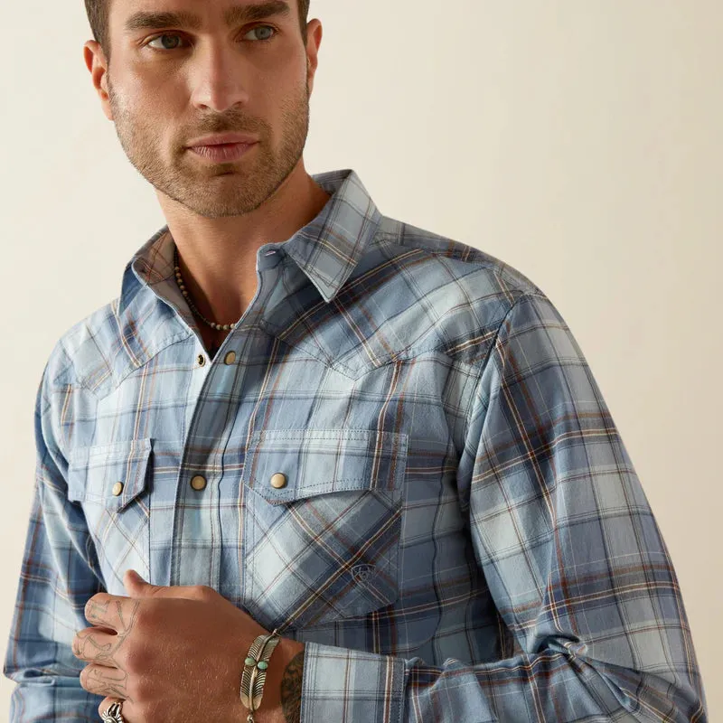 Stretchable Low carbon footprint Ariat Men's Hunter L/S Retro Fit Western Snap Shirt in Light Blue Plaid