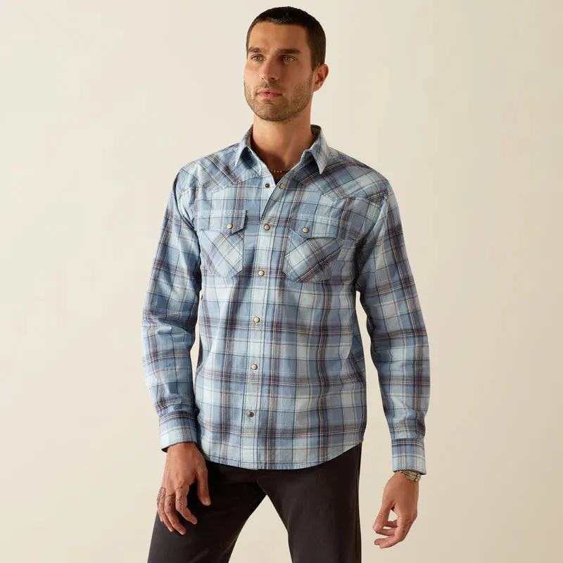 Ariat Men's Hunter L/S Retro Fit Western Snap Shirt in Light Blue Plaid Light Fit Wear Flexible Weave