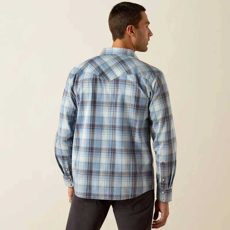Ariat Men's Hunter L/S Retro Fit Western Snap Shirt in Light Blue Plaid Fashionable Look Comfy Performance Wear