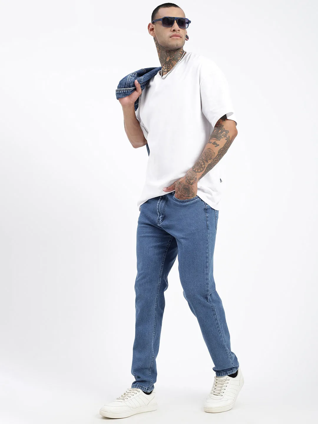 Road Trip Affordable Streetwear Fan Earthy High Quality Men's Blue Straight Fit Cropped Jeans